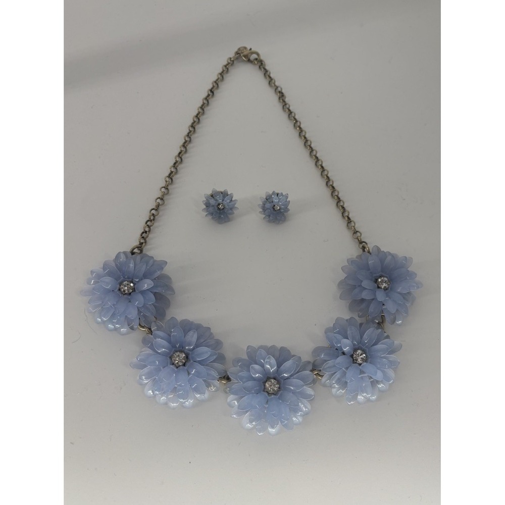 J.Crew Blue Lucite Rhinestone Floral Bib Necklace & Earrings Set Signed
